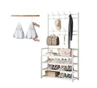 Étagère À Chaussures 3/4/5 Niveaux, Vestiaire Porte-chaussures De Grande Capacité En Métal, Meuble Chaussures Avec 8 Crochets Et 10 Surchaussures, Porte-Manteaux D'Entrée(White,60*28*158 cm)