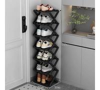 Étagère à chaussures compacte en bambou avec 7 étagères, design pliable et peu encombrant, idéal pour entrée et couloir, finition noire fine pour les petits espaces, solution de rangement élégante
