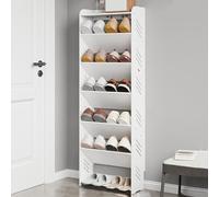 Étagère à chaussures compacte pour placard, étagère anti-basculement avec planche en bois et plastique, idéale pour entrée, couloir, salon, chambre à coucher, blanc (44 x 17 x 120 cm)