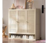 Étagère à chaussures en bambou à 7 niveaux avec étagères réglables 90 cm Meuble à chaussures en bois avec 3 portes Design rotin pour entrée, salon et couloir Solutions de rangement