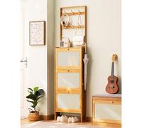 Étagère à chaussures en bambou avec crochets - Design indépendant 2 en 1 - Gain de place - Tiroirs pliables pour couloir - 50 x 17 x 186 cm