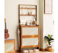Étagère à chaussures en bambou avec crochets - Solution de rangement 2 en 1 pour les petits espaces - Cintre indépendant pour couloir et couloir - 70 x 17 x 152 cm
