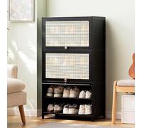 Étagère à chaussures en bambou - Meuble de rangement à chaussures en rotin avec porte, autonome pour entrée, chambre à coucher, vestiaire, couloir - Noir, 60 x 32 x 73 cm, design peu encombrant