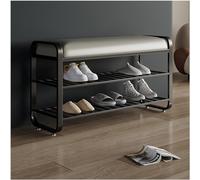 Étagère à chaussures étroite à 2 niveaux avec banc rembourré Étagère de rangement à chaussures en métal pour entrée couloir Noir élégant 80 cm