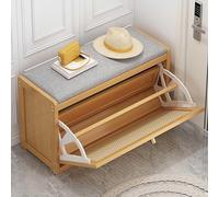 Étagère à chaussures étroite en bambou avec tiroirs en rotin, gain de place, rangement d'entrée (70 x 25 x 45 cm), organiseur élégant pour chaussures et accessoires