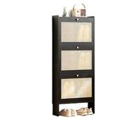 Étagère à chaussures fine en bambou - Armoire de rangement verticale à 3 portes design respirant pour couloir - Original/noir/blanc laiteux/couleur thé - Compact 50 x 17 x 120 cm