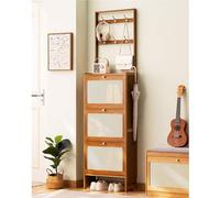 Étagère à chaussures fine en bambou avec crochets 2 en 1 pour rangement de chaussures et porte-manteau pour entrée, couloir, foyer - Design peu encombrant avec tiroirs rabattables 50 x 17 cm
