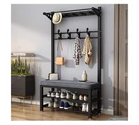 Étagère à chaussures industrielle 4 en 1 avec banc 16 crochets Montage facile Structure métallique Entrée Nizer Noir et gris 80 x 33 x 172 cm