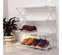 Étagère à chaussures pliable à 4 niveaux empilable en métal pour la maison, assemblage sans outils, design peu encombrant (blanc) et solution de rangement polyvalente.