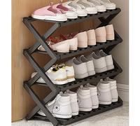 Étagère à chaussures pliable en bambou - 4 niveaux pour entrée, intérieur/extérieur, économie d'espace, étagère à chaussures noire, hauteur 69,8 cm, design élégant pour le camping et la maison.