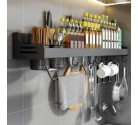 Étagère à épices, Étagère à épices suspendue, Étagère murale de cuisine, Sans perçage, Organisateur d'épices avec fente pour couteau, Crochet, Tasse, Étagère murale de cuisine pour épices, Noir, 50 cm