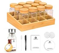 Étagère à épices - HOME SAFETY - Coffret 12 pots - Bocaux verre 120 ml - Couvercles bambou hermétiques - Organiseur 11 cm