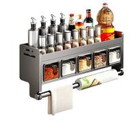 Étagère à épices murale avec boîtes à épices, étagère de cuisine murale sans perçage, ensemble combiné d'organisation de cuisine et étagère de rangement, étagère murale avec porte-rouleau de cuisine