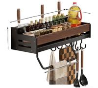 Étagère à épices murale avec crochets pour l'organisation de la cuisine, étagère porte-ustensiles en bois de noyer et acier inoxydable, rail de rangement noir pour bouteilles et pots, 40 cm de long