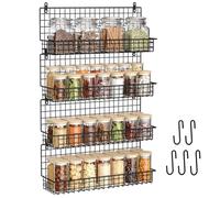 Étagère à épices murale empilable 4 niveaux en fil de fer noir, idéale pour la cuisine et le garde-manger, ranger des articles ménagers, salle bain bien plus encore - L avec 5 crochets (brevet n