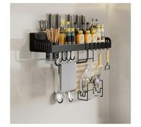 Étagère à épices pour la cuisine, plateau de rangement multifonction avec crochets, porte-couteaux, étagère de rangement en acier au carbone pour spatules, serviettes, pots à épices (noir, 40 cm)