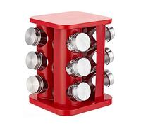 Étagère à épices rotative en acier inoxydable pour 12 pots, tour de rangement d'assaisonnement carrée pour cuisine (rouge)