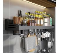 Étagère à épices suspendue avec crochets sans perçage, étagère de cuisine, support mural en aluminium, porte-ustensiles, porte-serviettes et couteaux pour la cuisine (taille : 80 cm, couleur : noir)