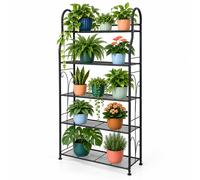 Relaxdays Étagère à plantes, 5 niveaux, noire | Présentoir à fleurs, H x L x P 144 x 71 x 24,5 cm, acier enduit de poudre, 12 kg par tablette, ornements courbés