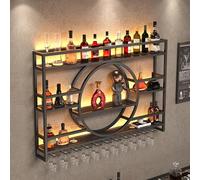 Étagère à liqueur simple pour la maison pour le mur avec support de verre à vin, casier à vin en métal amélioré fixé au mur avec lumière LED, étagère de présentation de bar à liqueur à 3 niveaux en fe