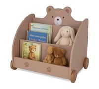 Étagère à Livres Relaxdays pour Enfants, Ours, H x L x P : 58 x 60 x 40 cm, avec roulettes, Coins arrondis, MDF, Marron