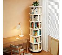 Étagère À Livres Rotative 360°, Bibliothèque Tournante 6 Niveaux en Bois Massif avec roulettes, Meuble Étage Rangement À Plateaux Réglables pour Salon, Bureau, Chambre(White)