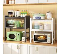 Étagère à micro-ondes réglable à 2 niveaux avec porte rabattable magnétique, capacité de 15 kg, avec panneau arrière amovible et crochets, 64 x 38 x 78,5 cm (noir)