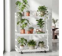 Étagère À Plantes En Bambou Hwc-Q33, Étagère En Escalier Pour Fleurs, 3 Niveaux, Roulettes, 105 X 90 X 38 Cm Blanc Blanc