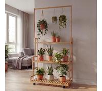 Étagère À Plantes En Bambou Hwc-Q33, Étagère En Escalier Pour Fleurs, Support À Plantes En Escalier, Tige Avec 3 Étagères Et Roulettes, 175 X 93 X 38 Cm Naturel Gris