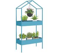Étagère à Plantes - Outsunny - 2 Niveaux - Support de Plantes en Métal avec Crochet - Forme de Maison - 75x35x150cm - Bleu Vert
