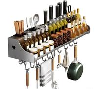 Étagère à ustensiles de cuisine en acier inoxydable avec double couche pour pots à épices et outils de suspension, organiseur mural peu encombrant pour un rangement efficace de la cuisine (gris, 40 cm