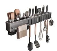 Étagère à ustensiles murale - 40 cm pour baguettes et couteaux, solution de rangement sans perçage avec 6 crochets, porte-ustensiles peu encombrant pour mur de cuisine