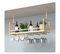 Étagère à Verre à Vin en Métal Plafond Casier à vin avec garde-corps et Support de Verre Suspendu, Porte-Bouteilles de Vaisselle pour Home Bar Café, Planche en Bois Blanc (Color : Gold, Size
