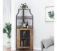 Étagère à vin d'angle à 5 étages avec support en verre et rangement de vin,Armoire de Bar avec Portes en Treillis Métallique, Étagère à vin industrielle pour cuisine, bar, cave 47x34x154cm