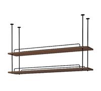 Étagère à vin flottante réglable industrielle à 2 niveaux en bois massif avec garde-corps, parfait pour bars, restaurants, décoration d'intérieur, design peu encombrant.