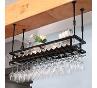 Étagère à vin industrielle à suspendre avec lumières, support en verre et étagère - Barre de plafond réglable en métal - Support de bouteille de vin à 2 couches monté au plafond