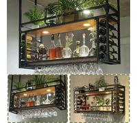 Étagère à vin industrielle avec support de verre à vin multifonction en métal et 2 étages pour maison, restaurant, bar, noir, 125 x 30 x 50 cm