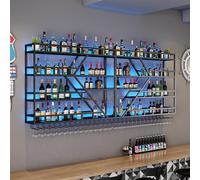 Étagère à vin industrielle en fer à 2/3 niveaux avec lumière LED - Étagères de rangement murales en métal facile à installer pour cuisine et bar - Support multifonction pour verres et bouteilles (noir