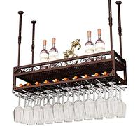 Étagère à vin montée à suspendre avec support de verre et étagère réglable en métal - Support mural pour verres à vin - Porte-bouteilles en fer à 2 couches (noir doré bronze
