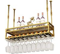 Étagère à vin montée à suspendre avec support de verre et étagère réglable en métal - Support mural pour verres à vin - Porte-bouteilles en fer à 2 couches (noir doré bronze