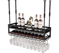 Étagère à vin montée à suspendre avec support de verre et étagère réglable en métal - Support mural pour verres à vin - Porte-bouteilles en fer à 2 couches (noir doré bronze