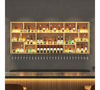 Étagère à Vin Murale avec Lumière LED, Porte-Bouteilles Mural en Métal avec Porte-Verres, Casier À Vin Flottant, Meuble Bar Déco pour Cuisine Salon Bar Maison(Gold,250cm/98.4in)
