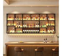 Étagère à Vin Murale avec Lumière LED, Porte-Bouteilles Mural en Métal avec Porte-Verres, Casier À Vin Flottant, Meuble Bar Déco pour Cuisine Salon Bar Maison(Black,250cm/98.4in)