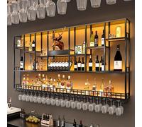 Étagère à vin murale en métal avec lumières LED, étagère flottante à 3 niveaux pour présentation de bouteilles de bar et tasses à vin, solution de rangement multifonctionnelle de grande capacité