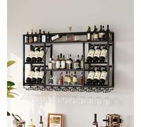 Étagère à vin murale en métal avec support pour verres à vin, étagère à vin industrielle, support mural moderne en métal à suspendre pour bouteille de vin et porte-verre, grande capacité Ra