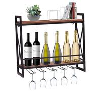 Étagère à vin Murale, étagère Bouteilles de en Bois 2 Niveaux avec Porte-Verres Pied, métal, Rangement et d'exposition multifonctionnelle pour la Cuisine, Salle Manger, Le Salon Bar