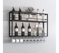 Étagère à vin murale industrielle à 2 niveaux en bois et métal avec rangement pour verres à pied, étagère multifonction pour bar, salle à manger et cuisine