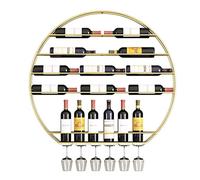 Étagère à vin murale industrielle ronde flottante pour bouteilles de vin et verres - Étagère moderne pour salle à manger et bar - Finition dorée élégante
