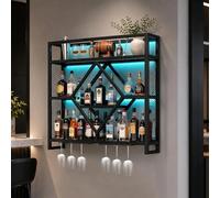 Étagère à vin murale moderne en métal avec éclairage LED, étagère murale à 3 niveaux avec porte-verres à vin, grande étagère de bar et étagère à spiritueux pour maison, bar, cuisine, salle à manger