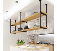 Étagère à vin rustique à 2 niveaux, étagère en bois massif et support de plafond en fer pour bar, cuisine, chambre à coucher, décoration murale, présentoir de jardinière, solution de rangement peu